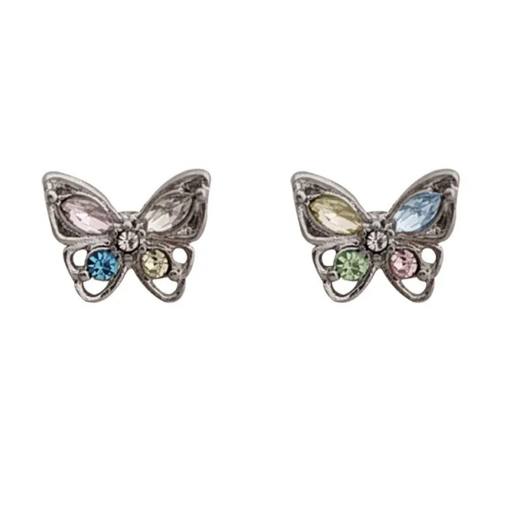 Butterfly Gemstone Stud Earrings Silver Fashion Jewelry Colorful Pink Blue Green